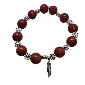 Jasper beaded stretch bracelet red feather charm